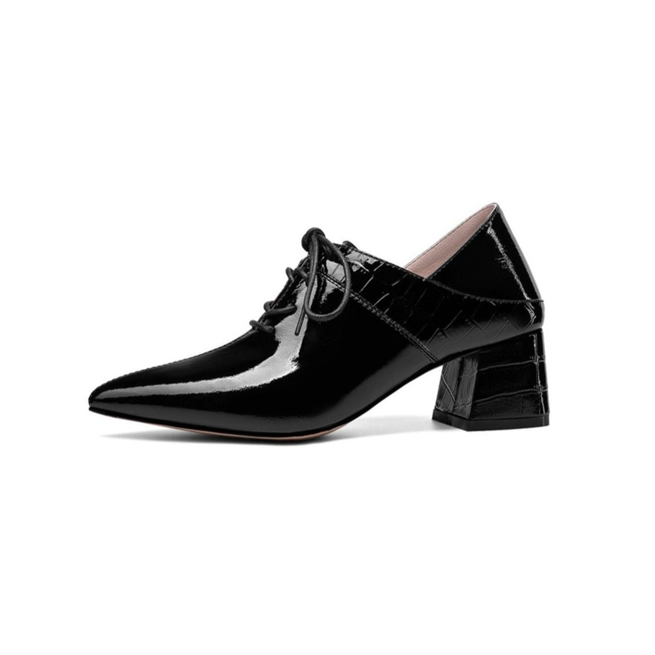 Women's Patent Leather Handmade Pointed toe Lace Up Comfort Low Chunky Heel Plus-size Pumps