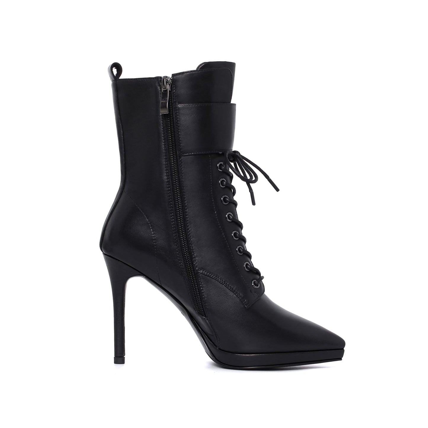 Nine SevenWomen's Genuine Leather Handmade Comfortable Stiletto High Heel Pointed Toe Zip Up Mid-Calf Boots with Buckle and Band
