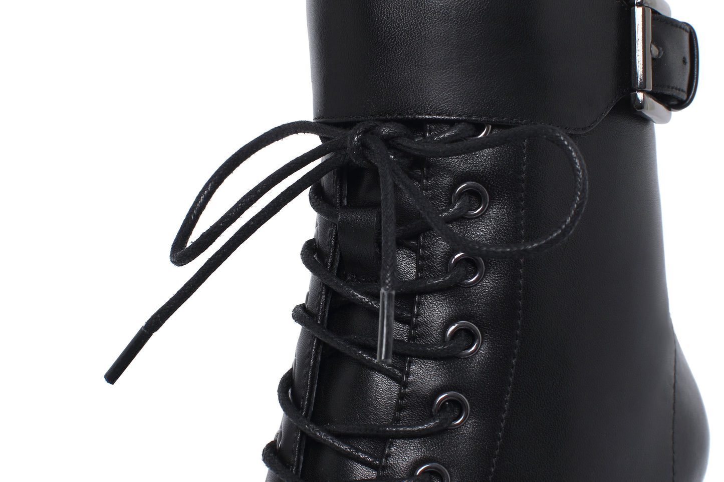 Nine SevenWomen's Genuine Leather Handmade Comfortable Stiletto High Heel Pointed Toe Zip Up Mid-Calf Boots with Buckle and Band