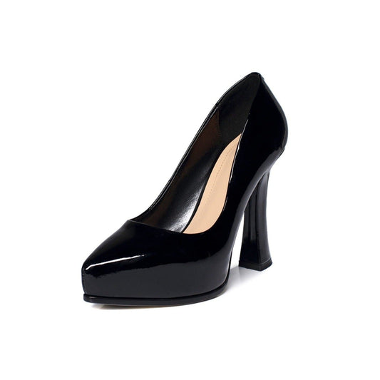 Nine Seven Glossy Patent Leather Women's Pointed Toe High Chunky Heel Handmade Slip On Graceful Pump Shoes