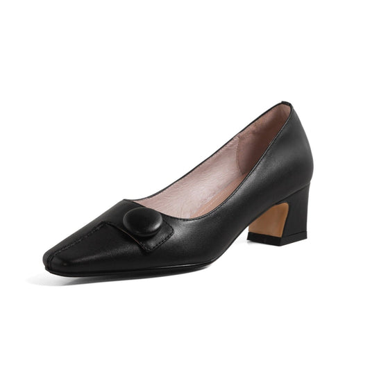 Nine Seven Genuine Leather Women's Handmade Square Toe Low Heel Button Graceful Pump Shoes