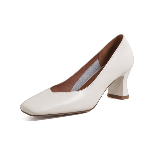 Nine Seven Genuine Leather Handmade Women's Square Toe Unique Mid Heel Slip On Comfortable Pumps