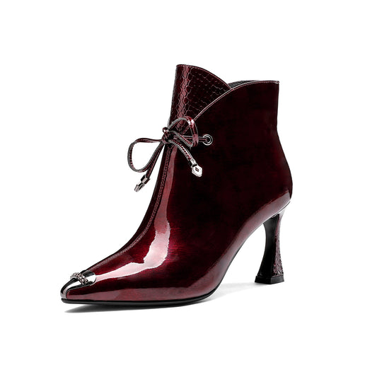 Women's Patent Leather Stylish Pointed-Toe Zip Up Stiletto High Heel Handmade Ankle Boots with Bowknot