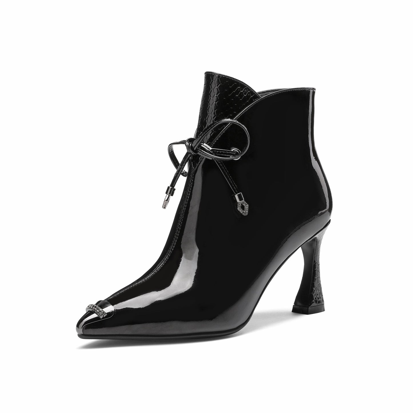 Women's Patent Leather Stylish Pointed-Toe Zip Up Stiletto High Heel Handmade Ankle Boots with Bowknot