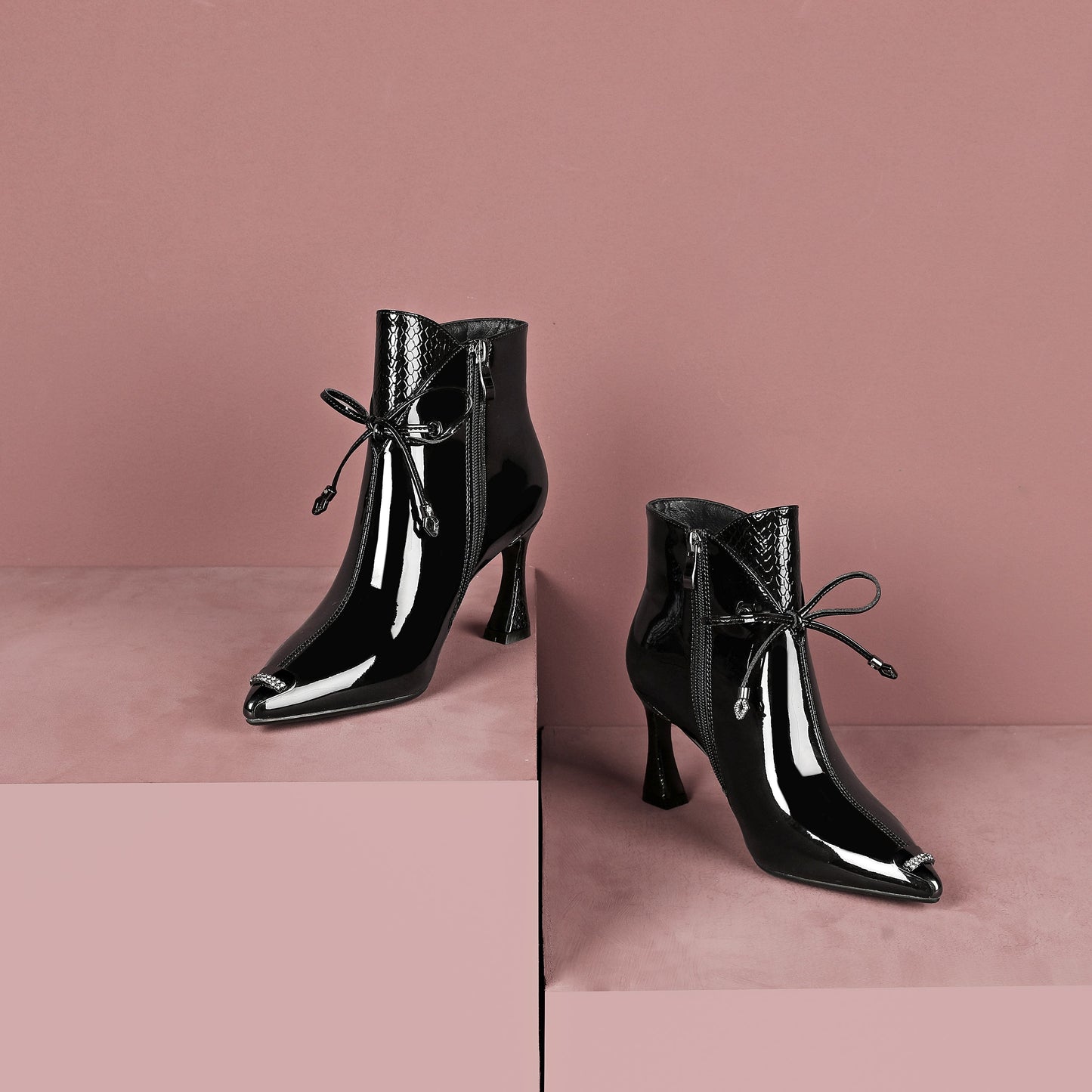 Women's Patent Leather Stylish Pointed-Toe Zip Up Stiletto High Heel Handmade Ankle Boots with Bowknot