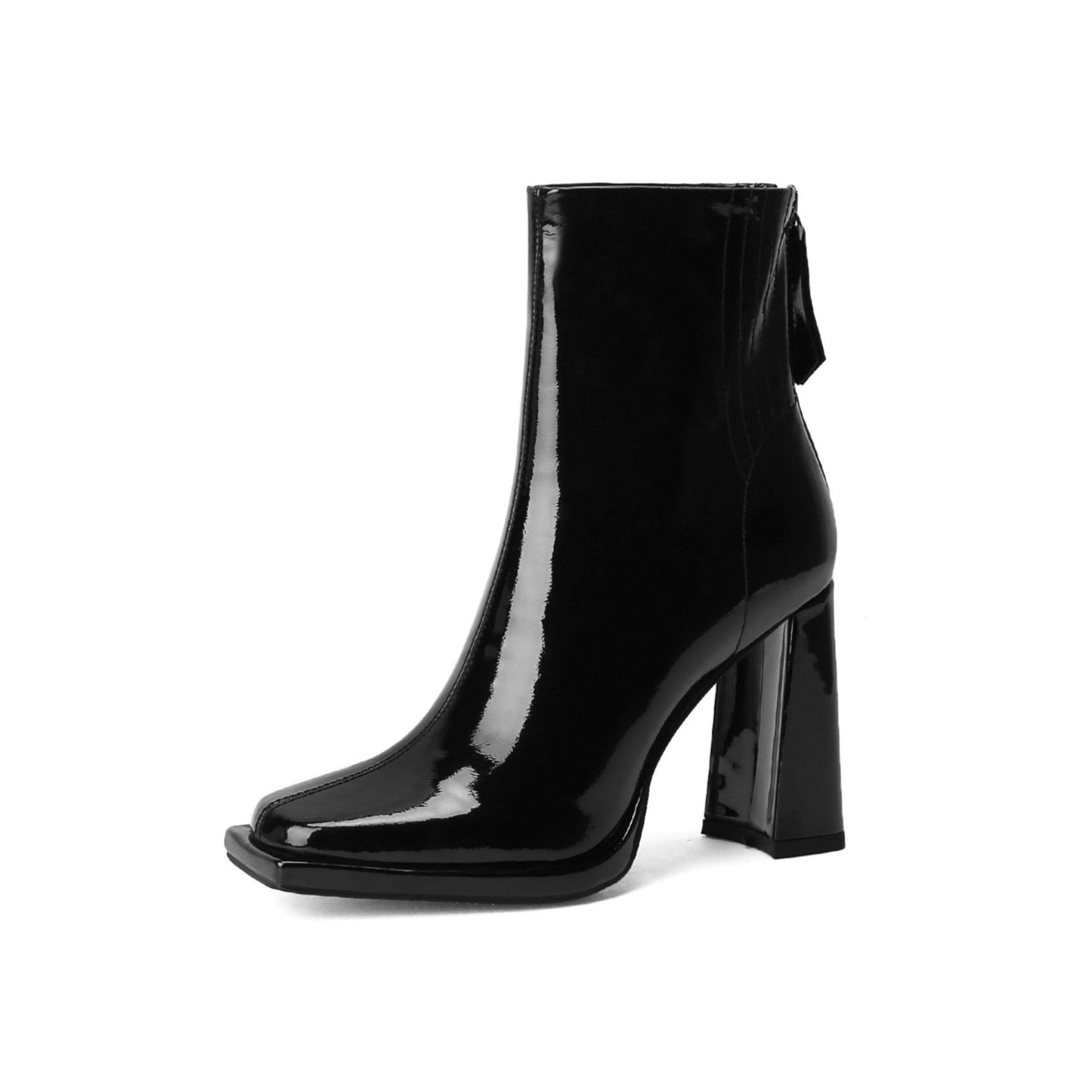 Women's Square Toe Patent Leather Handmade Back Zipper High Chunky Heels Chic Ankle Boots