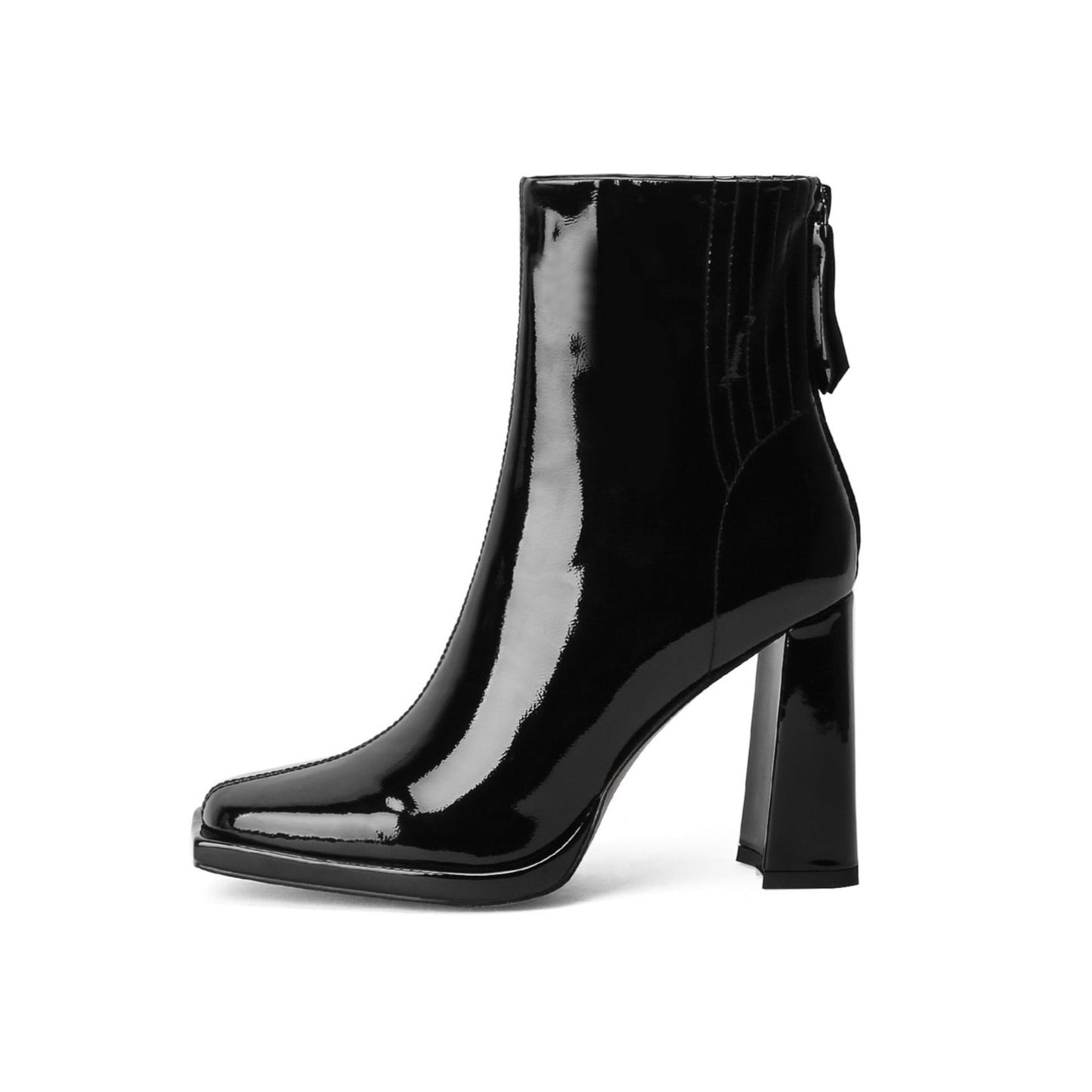 Women's Square Toe Patent Leather Handmade Back Zipper High Chunky Heels Chic Ankle Boots