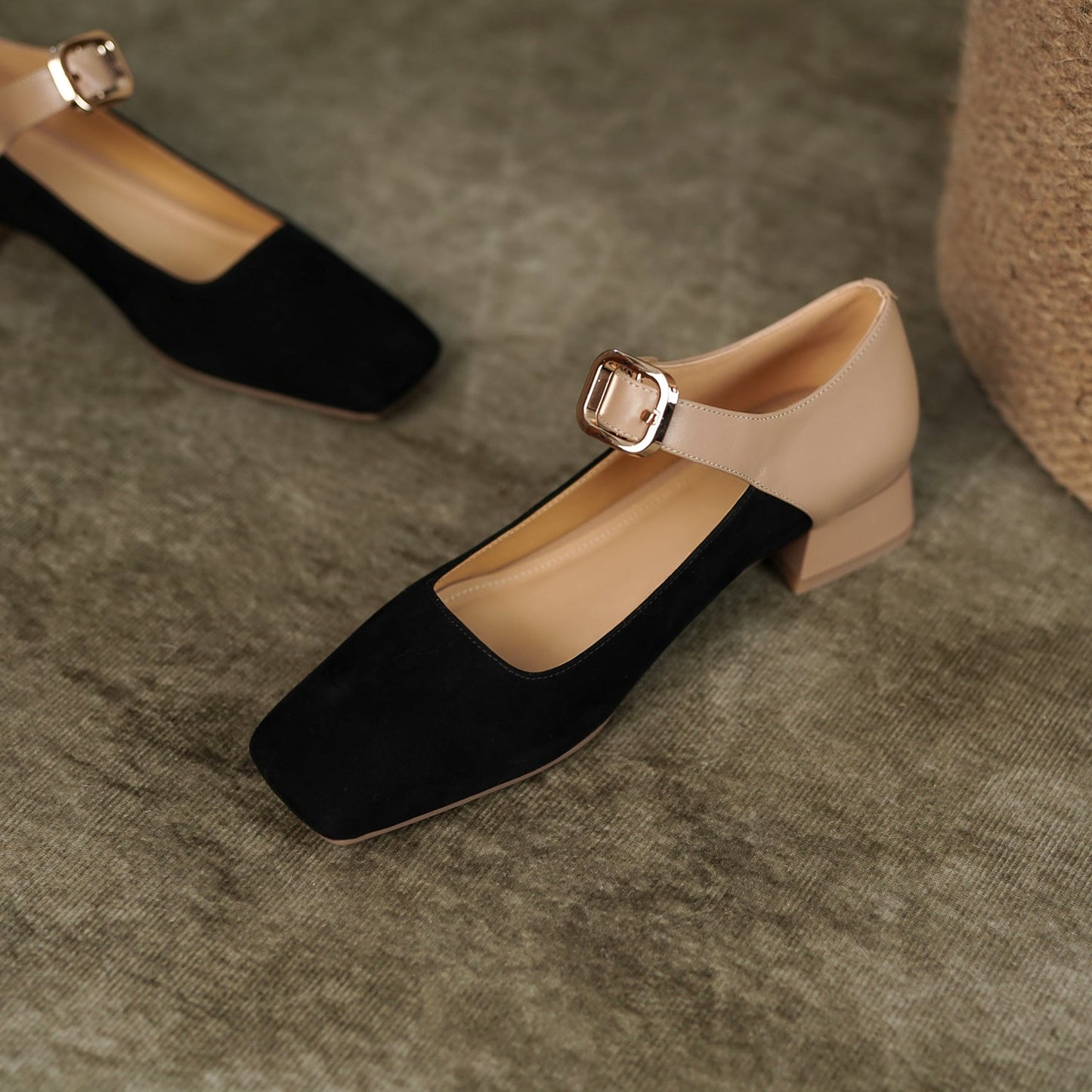 Women's Square Toe Genuine & Suede Leather Handmade Buckle Belt Low Chunky Heels Vintage Pumps Shoes