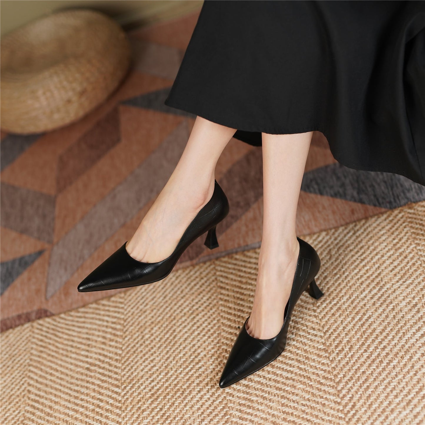 Women's Genuine Leather Handmade Pointed Toe Slip On Mid Heel Dress Pumps