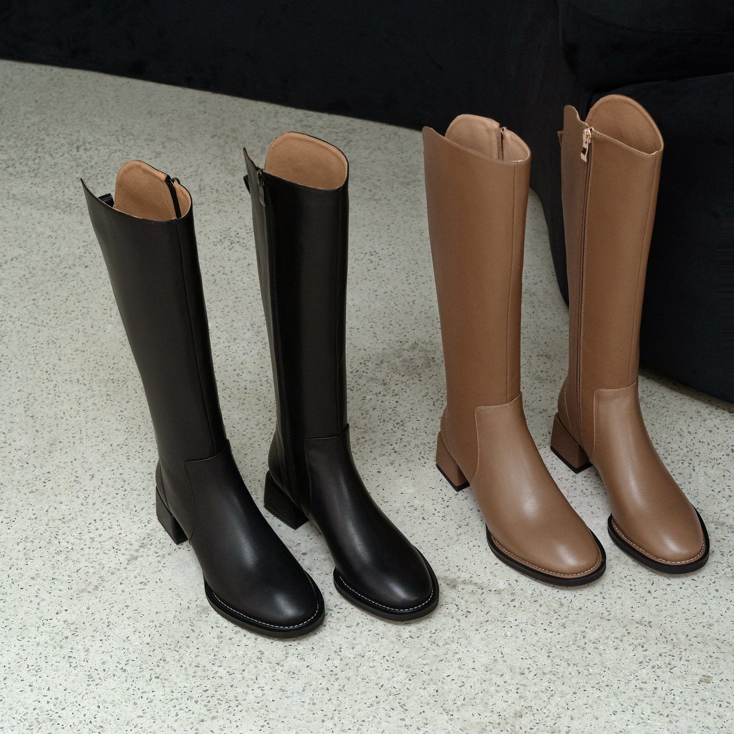 Women's Genuine Leather Handmade Block Heel Side Zip Up Round Toe Knee-High Riding Boots