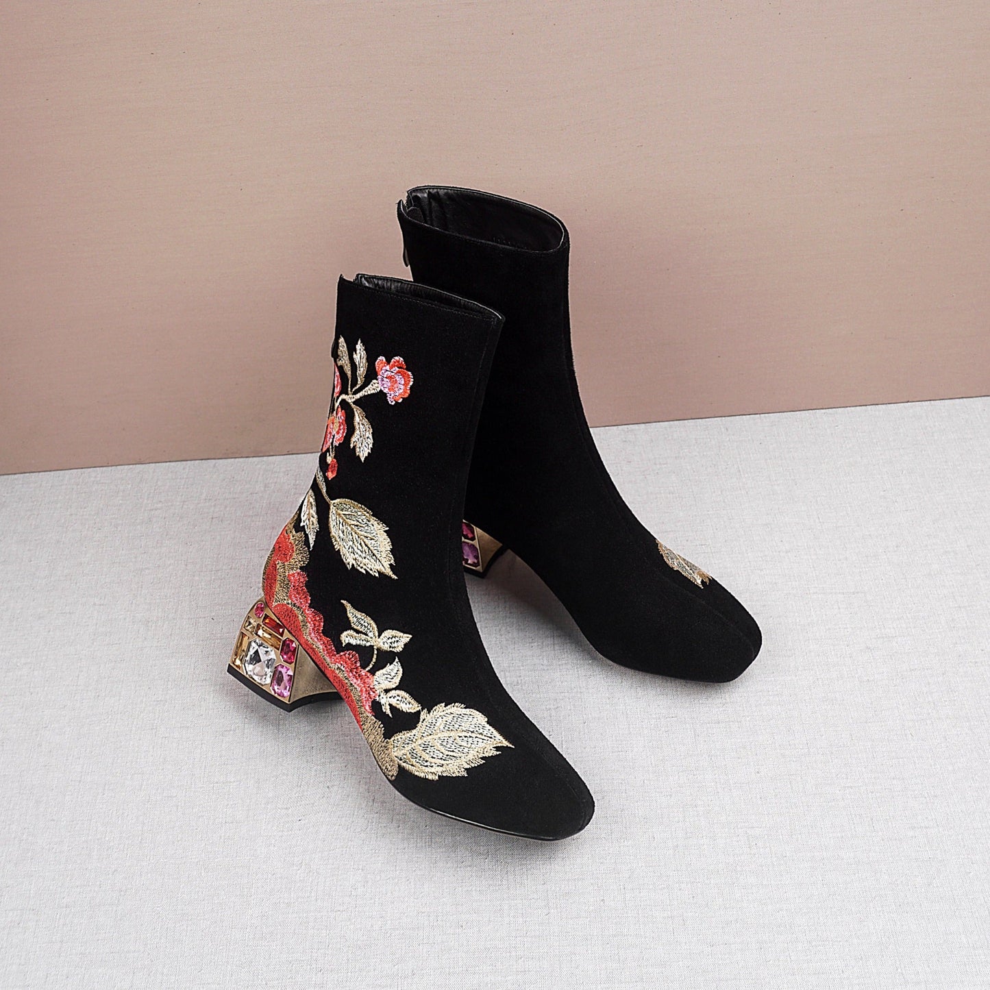 Nine Seven Handmade Women's Suede Leather Ethnic Floral Embroidered Round Toe Mid Chunky Rhinestone Heel Back Zipper Mid-Calf Boots