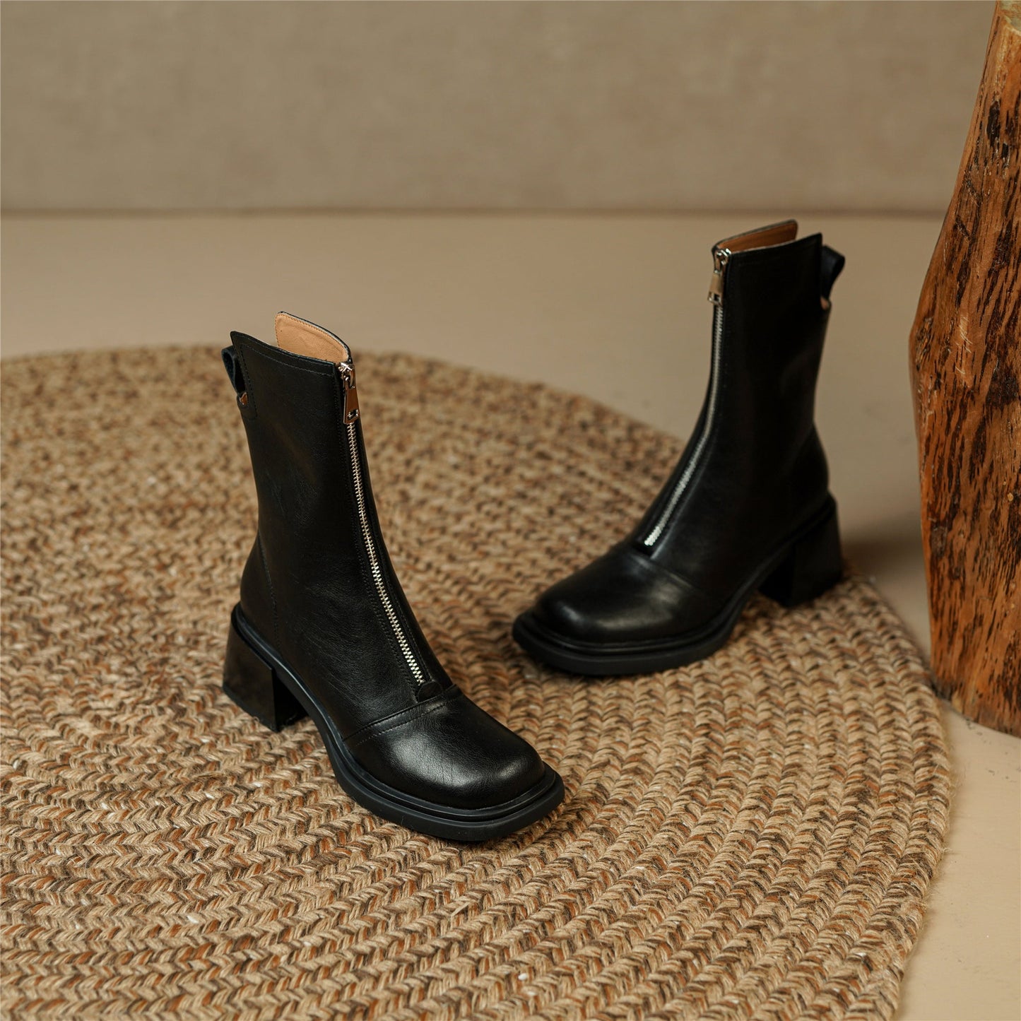 Handmade Women's Genuine Leather Front Zipper Square Toe Mid Chunky Heel Ankle Boots Shoes