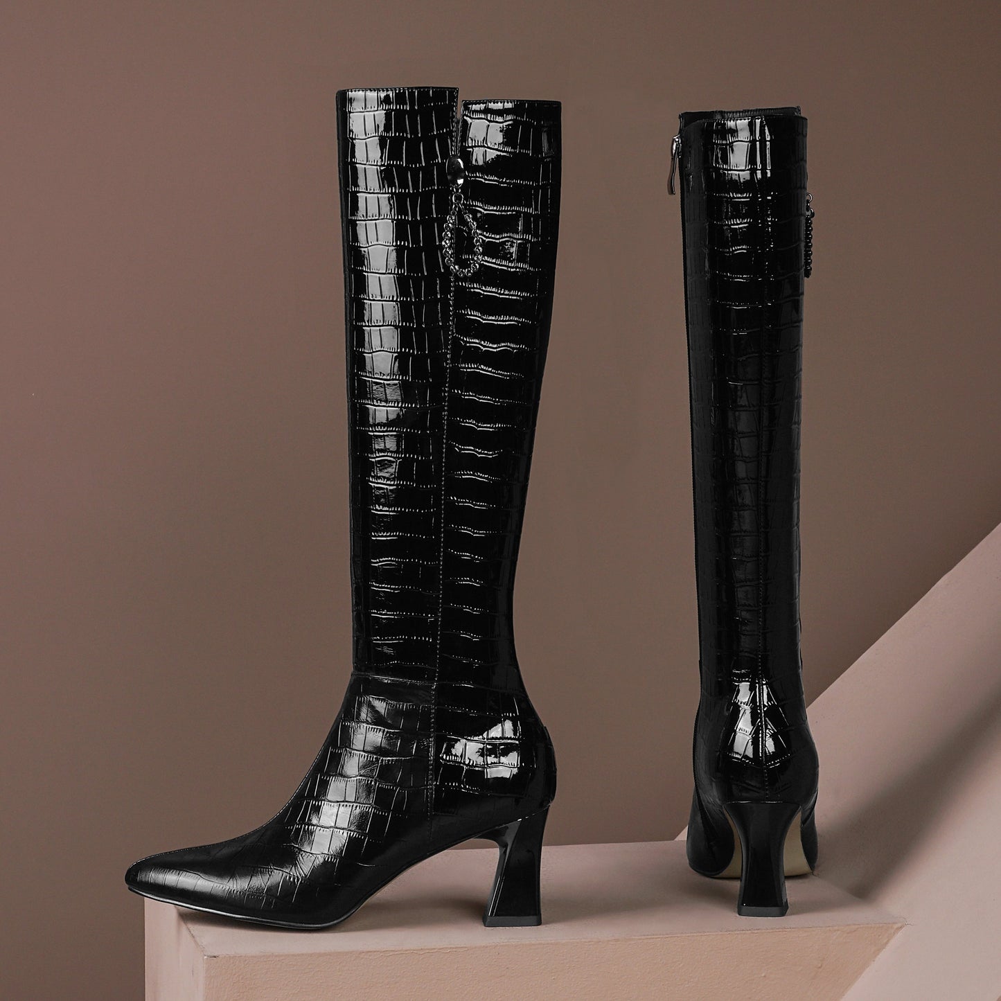 Women's Handmade Embossed Genuine Leather Clear Pointed Toe Mid Spool Heel Side Zip Up Classic Black Knee High Boots