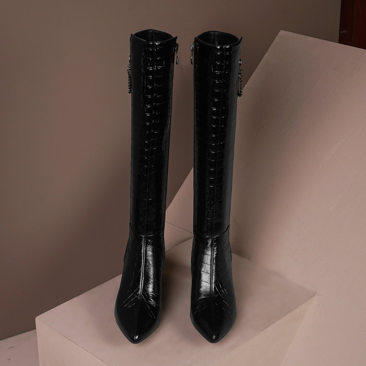 Women's Handmade Embossed Genuine Leather Clear Pointed Toe Mid Spool Heel Side Zip Up Classic Black Knee High Boots