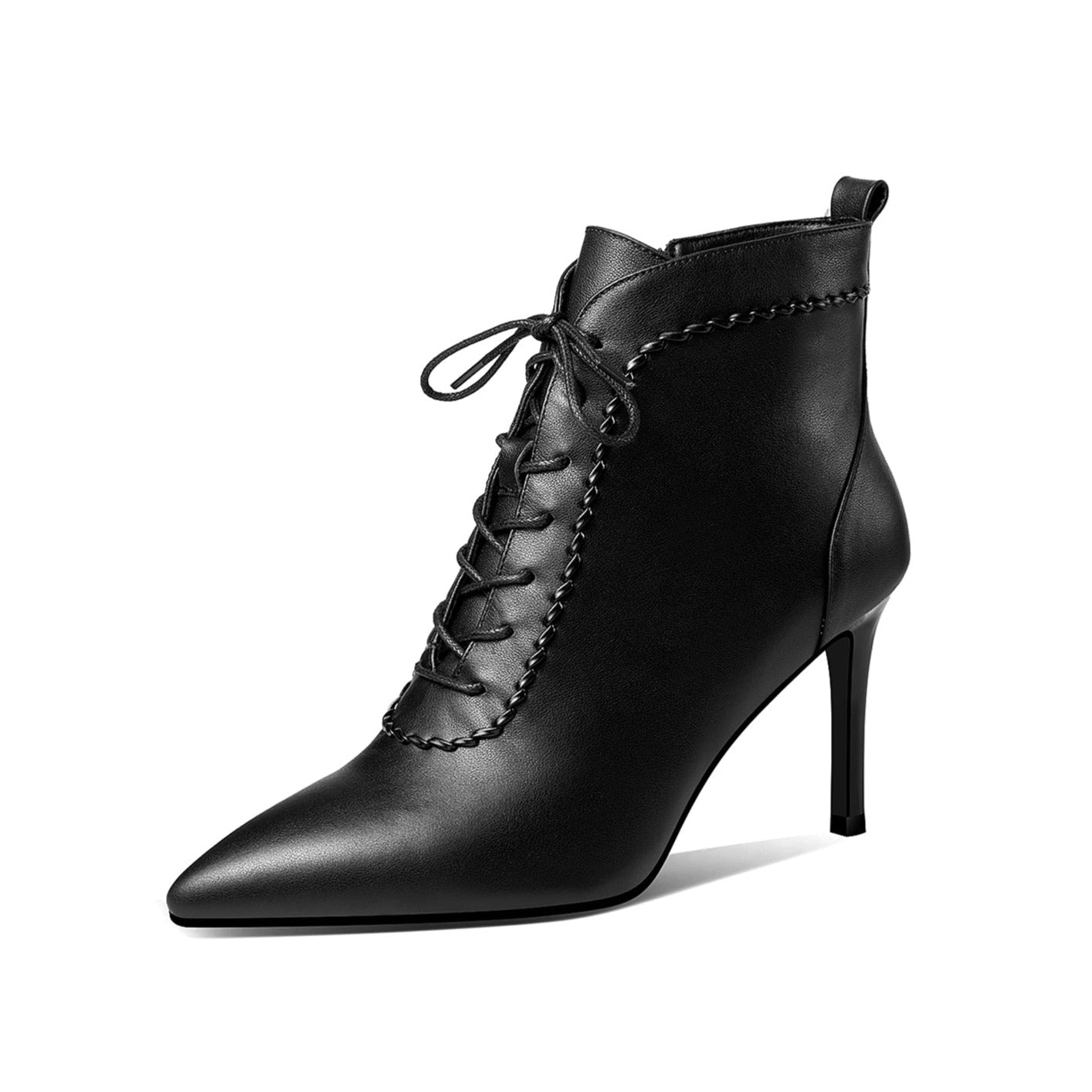 Women's Genuine Leather Sexy Stiletto Heel Handmade Zip Up Pointed Toe Booties with Selftie Design