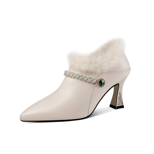 Nine Seven Women's Handmade Genuine Leather and Fur Side Zip Up High Heel Pointed Toe Oxford Pumps with Green Crystal Decor