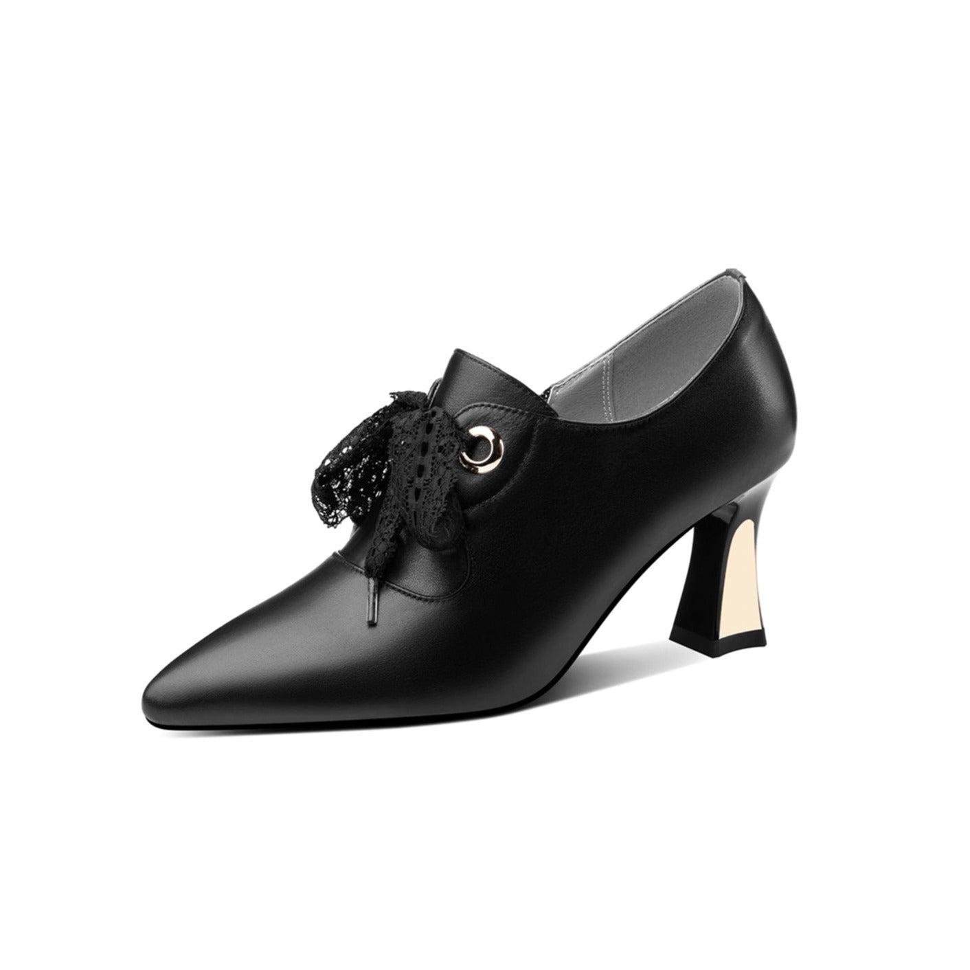 Genuine Leather Women's Handmade Pointed Toe Elegant Bowtie Spool Heel Pumps with Side Zipper