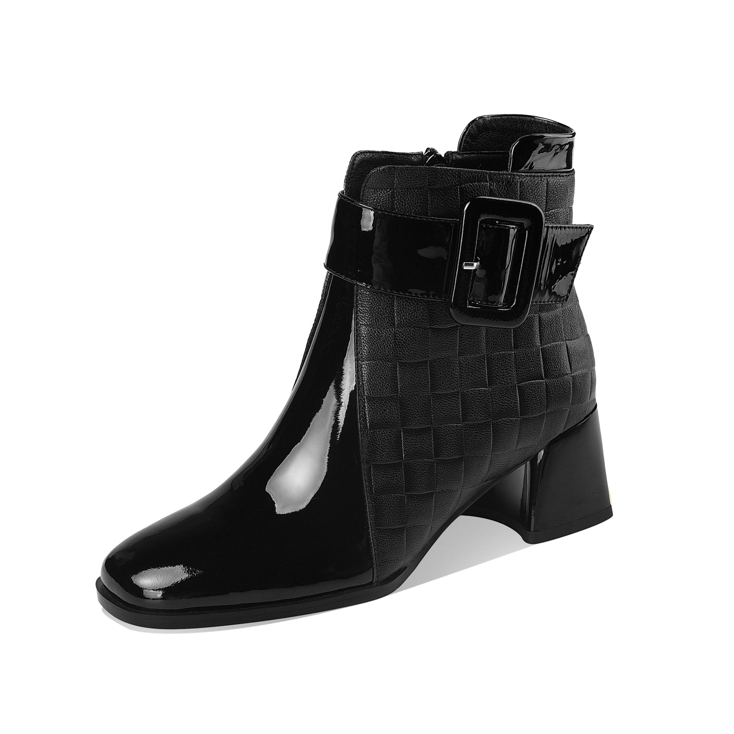 Nine Seven Genuine Leather Women's Handmade Chic Buckle Decor Chunky Heel Side Zip Up Checkered Ankle Boots