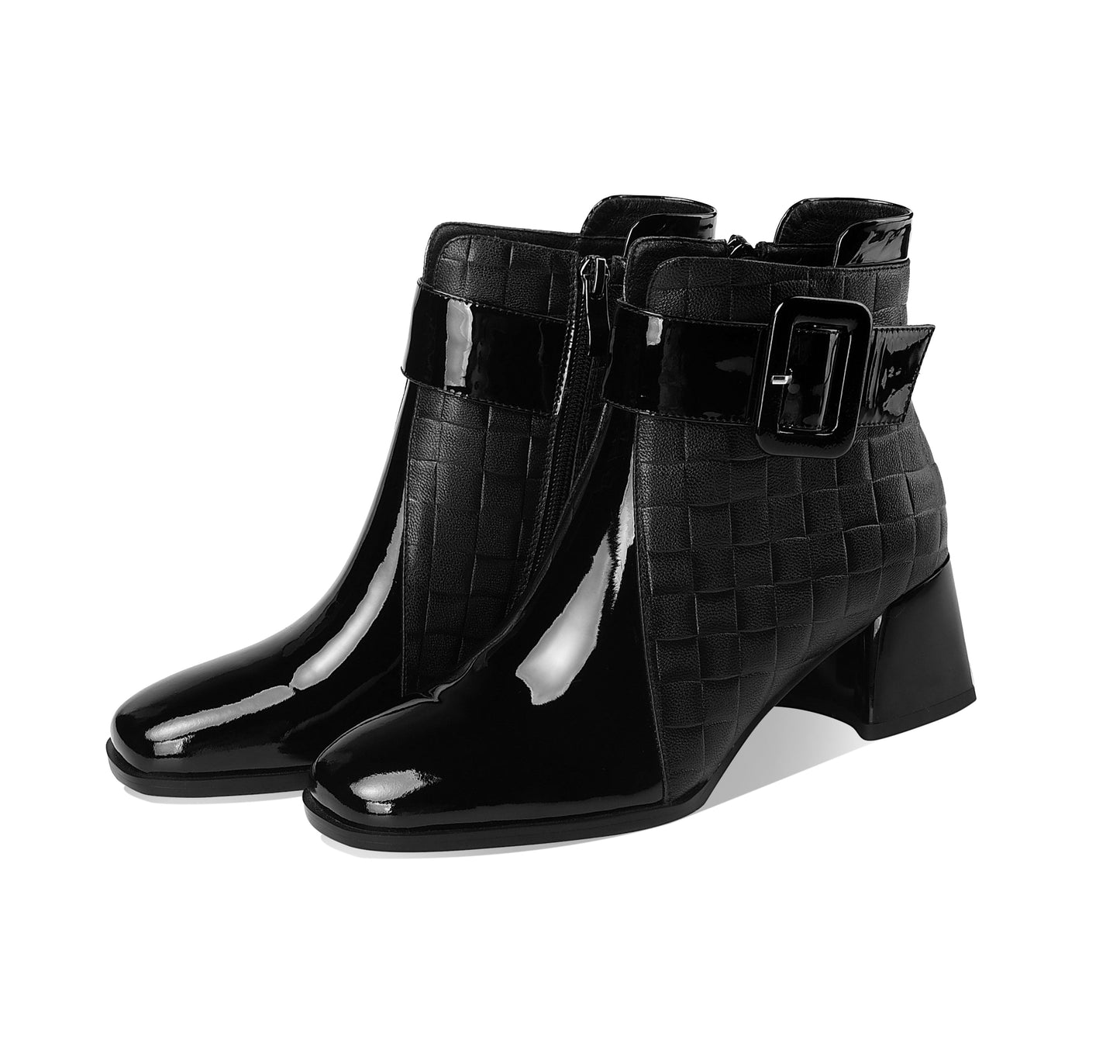 Nine Seven Genuine Leather Women's Handmade Chic Buckle Decor Chunky Heel Side Zip Up Checkered Ankle Boots