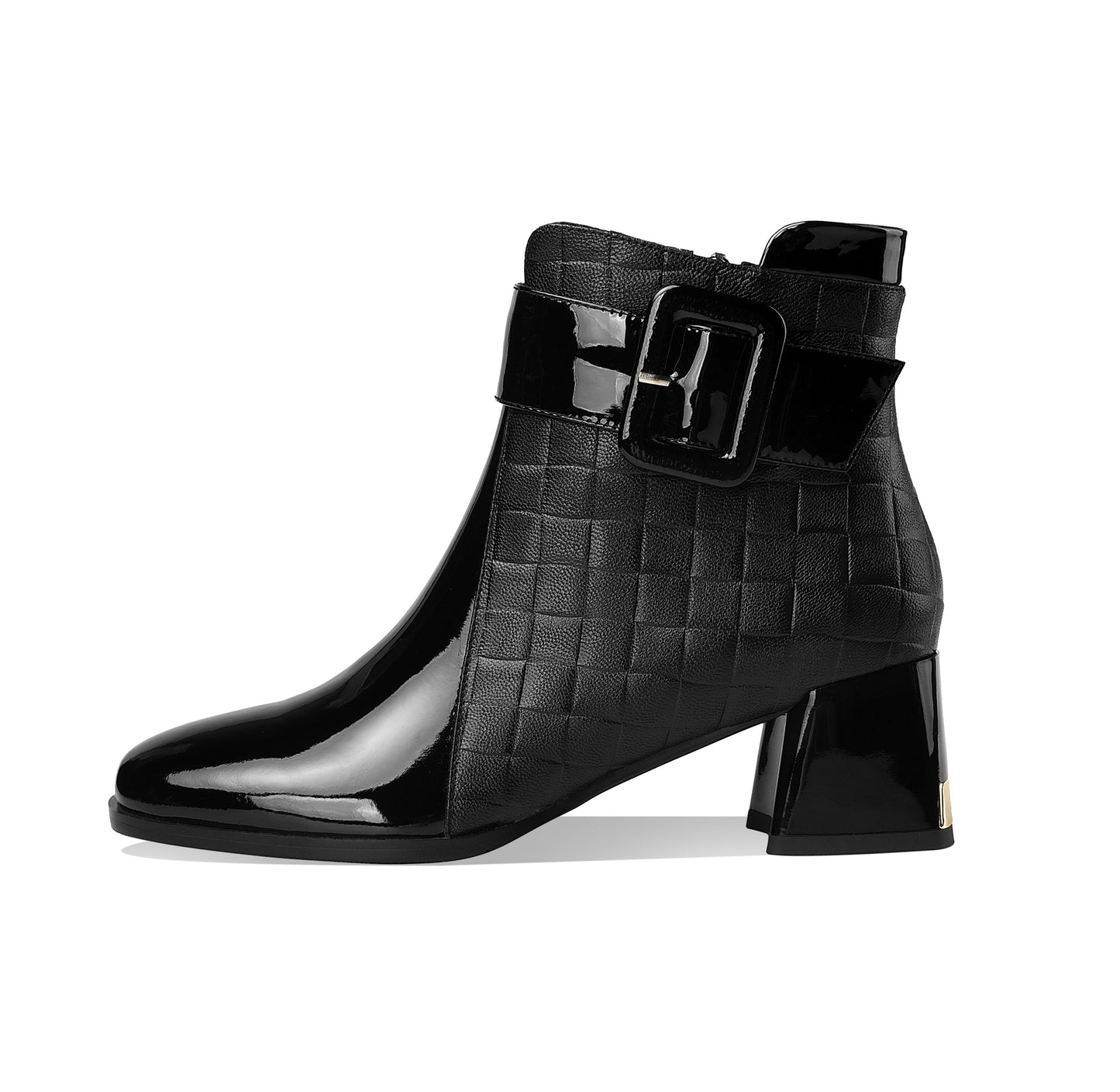 Nine Seven Genuine Leather Women's Handmade Chic Buckle Decor Chunky Heel Side Zip Up Checkered Ankle Boots