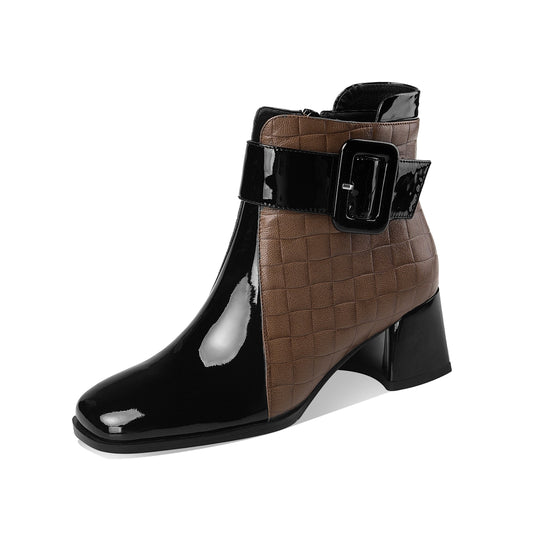 Nine Seven Genuine Leather Women's Handmade Chic Buckle Decor Chunky Heel Side Zip Up Checkered Ankle Boots