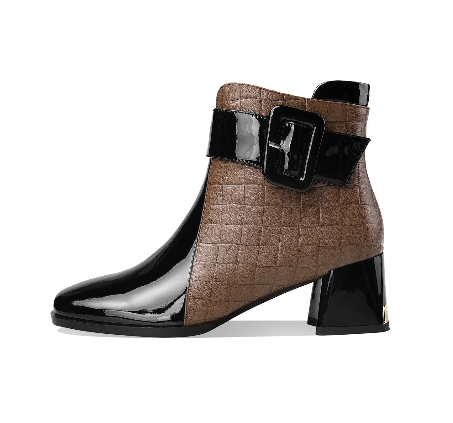 Nine Seven Genuine Leather Women's Handmade Chic Buckle Decor Chunky Heel Side Zip Up Checkered Ankle Boots