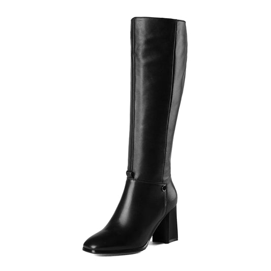 Genuine Leather Square Toe Chunky Heel comfortable Knee High Boots