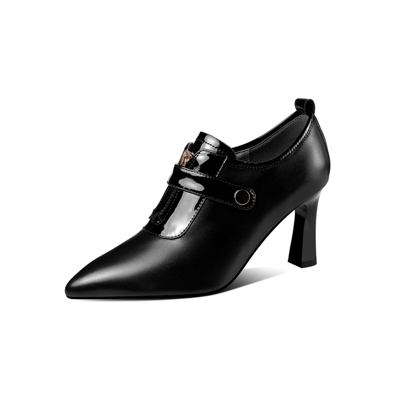 Women's Handmade Genuine Leather Sexy High Heel Pointed Toe Oxfords Pump Shoes with Front Zip and Button Decor