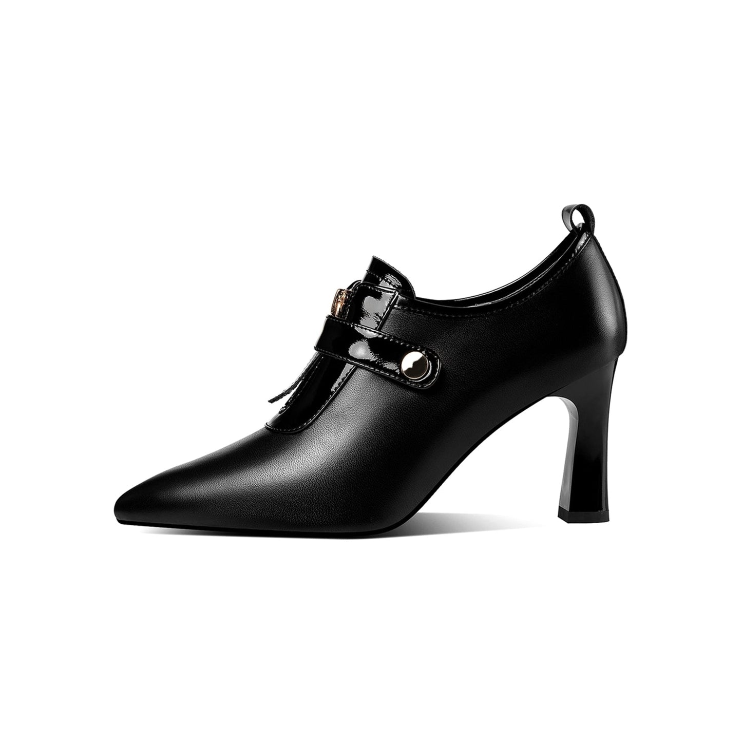 Women's Handmade Genuine Leather Sexy High Heel Pointed Toe Oxfords Pump Shoes with Front Zip and Button Decor