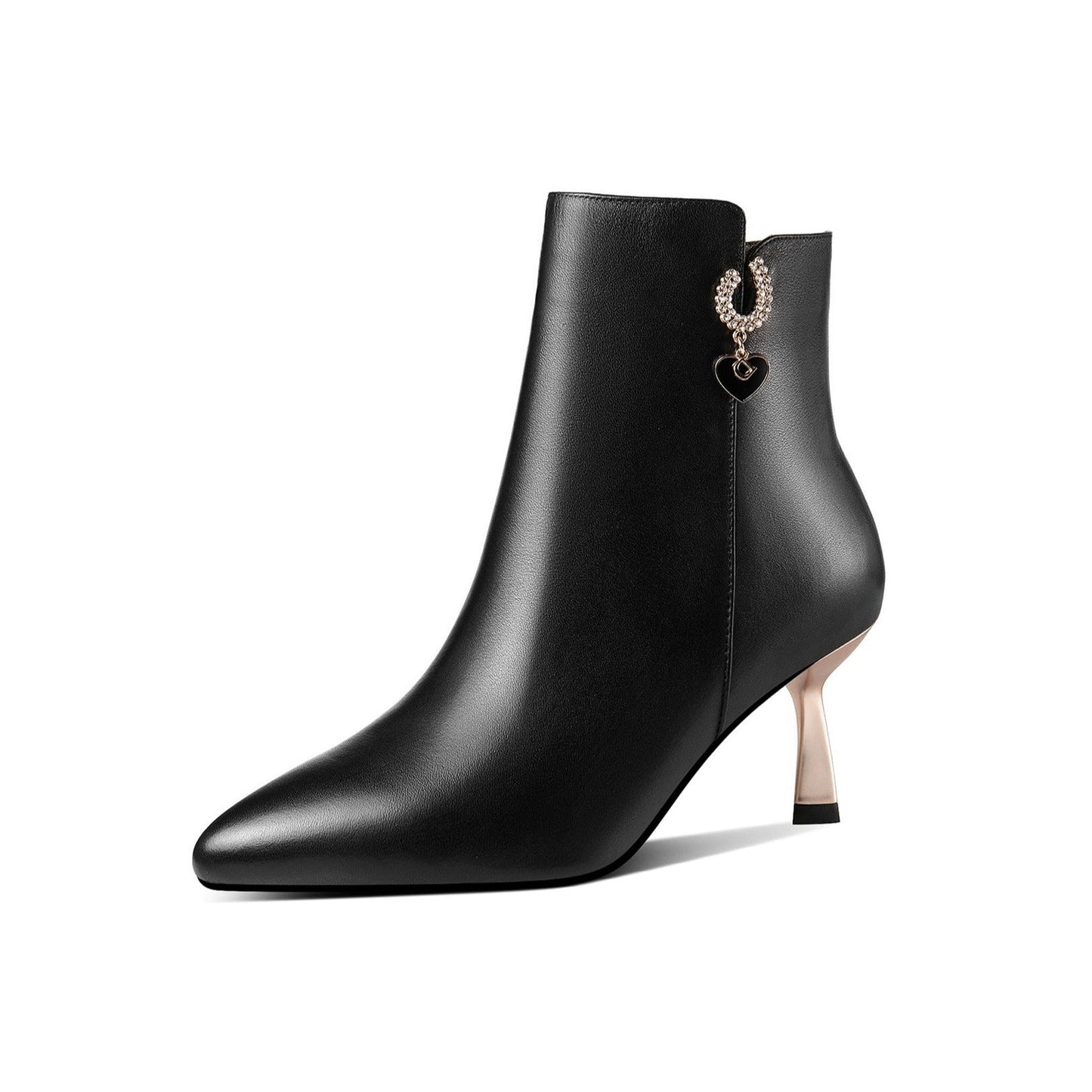 Nine Seven Genuine Leather Handmade Women's Metal Heel Side Zip Up Pointed Toe Heart Pendant Ankle Boots