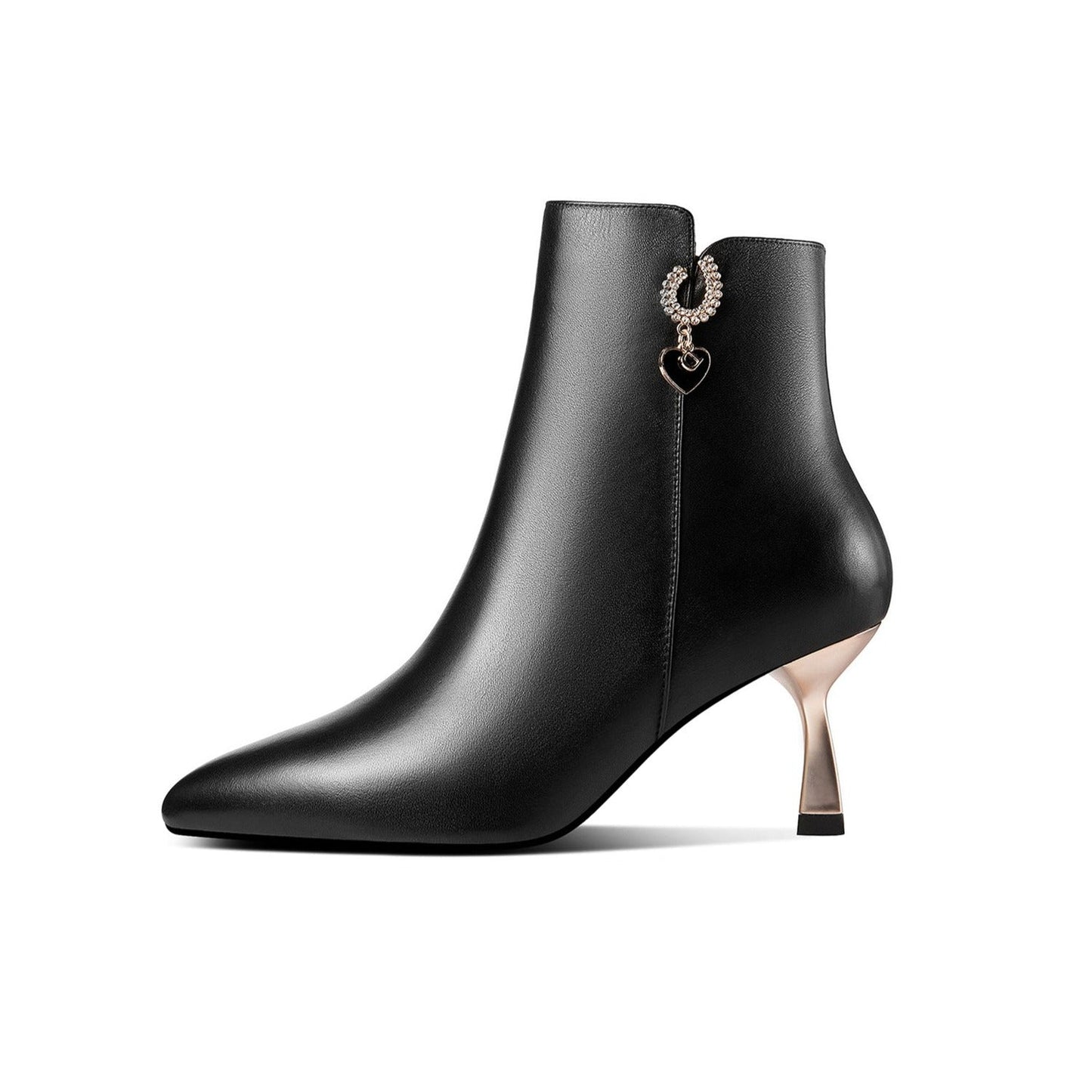 Nine Seven Genuine Leather Handmade Women's Metal Heel Side Zip Up Pointed Toe Heart Pendant Ankle Boots