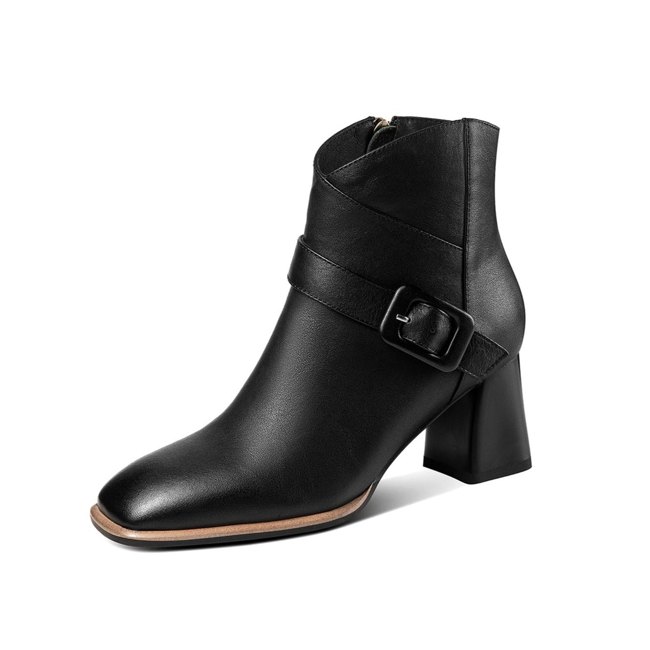 Nine Seven Handmade Women's Genuine Leather Buckle Décor Square Toe Side Zipper Mid Chunky Heel Ankle Boots