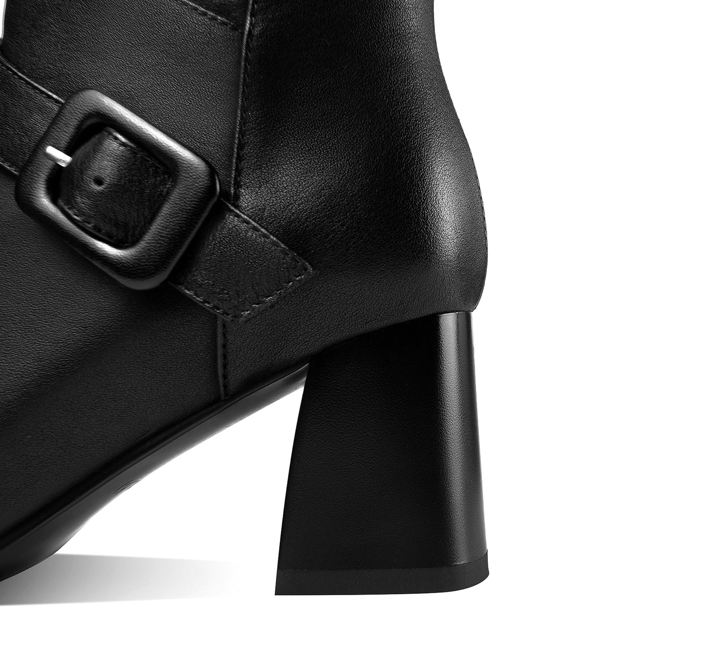 Nine Seven Handmade Women's Genuine Leather Buckle Décor Square Toe Side Zipper Mid Chunky Heel Ankle Boots