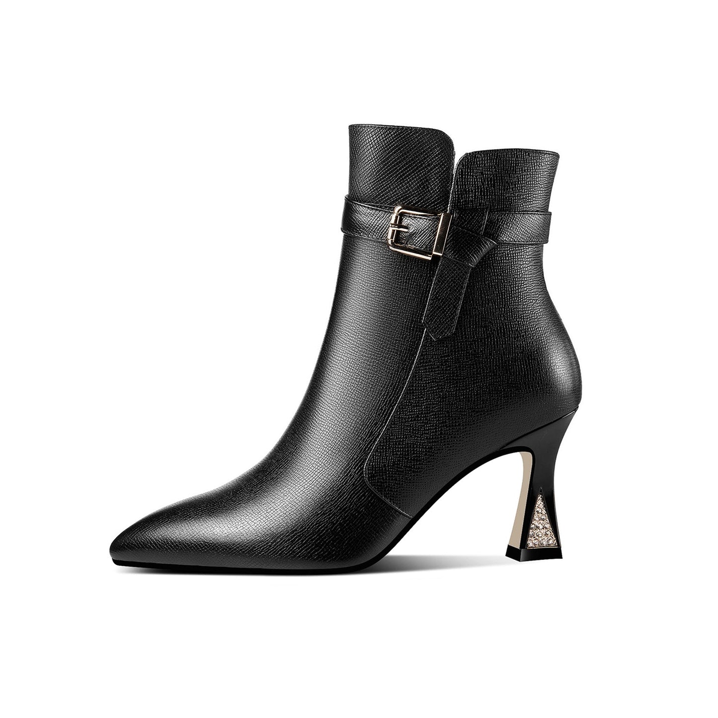 Nine Seven Handmade Women's Genuine Leather Side Zip Up Spool Heel Pointed Toe Ankle Boots with Chic Belt Design