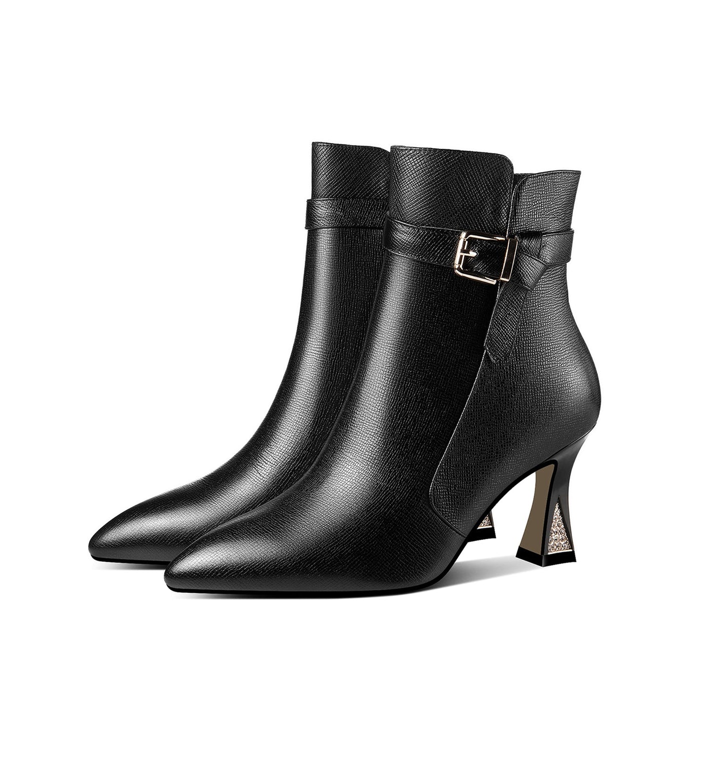 Nine Seven Handmade Women's Genuine Leather Side Zip Up Spool Heel Pointed Toe Ankle Boots with Chic Belt Design