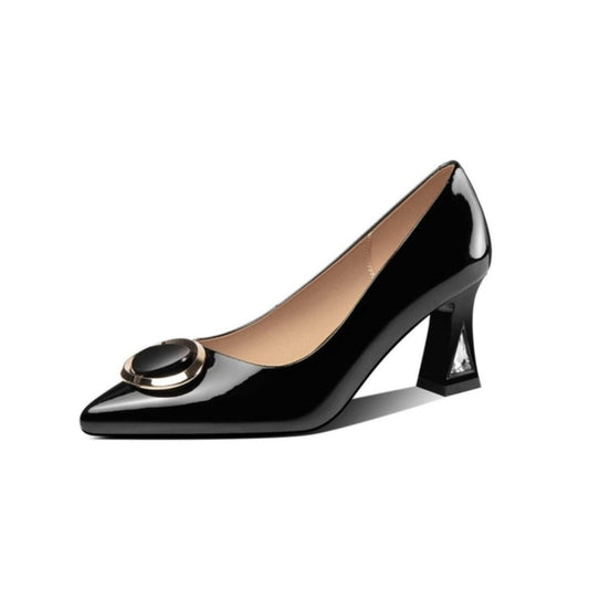 Women's Patent Leather Pointed Toe Handmade Buckle Mid Chunky Heel Stylish Pumps Shoes