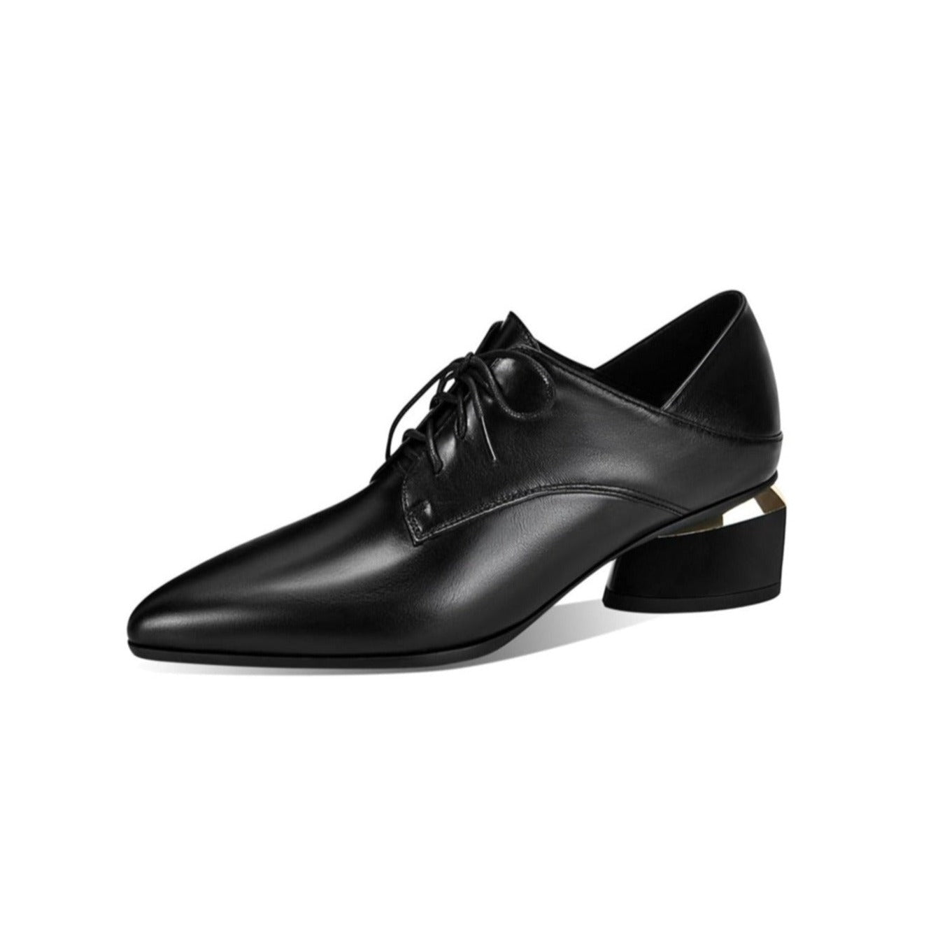 Nine Seven Women's Genuine Leather Pointed Toe Handmade Lace Up Low Chunky Heel Office Shoes