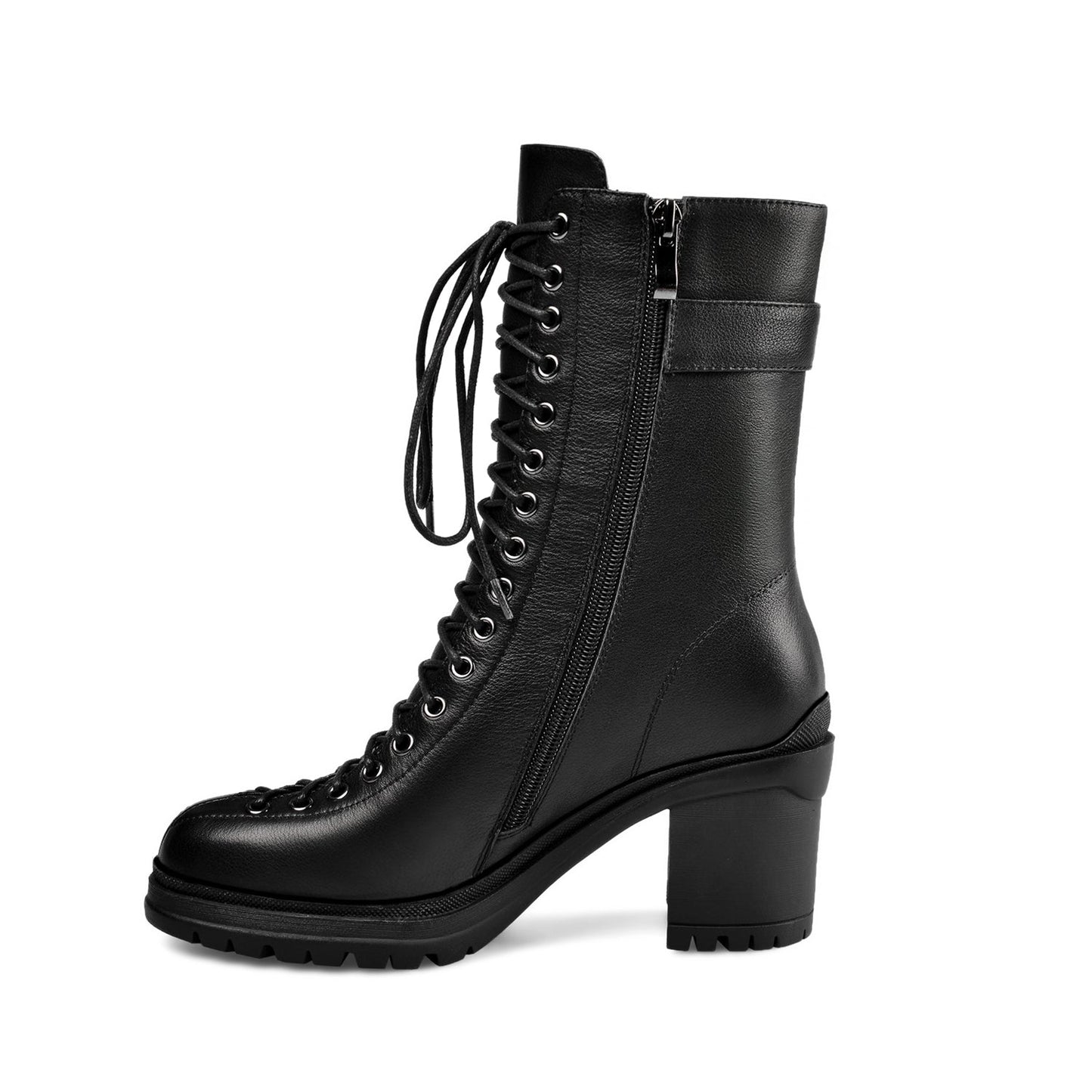 Women's Round Toe Selftie Zip Up Genuine Leather Handmade Chunky Heels Cool Mid-Calf Boots with Buckle