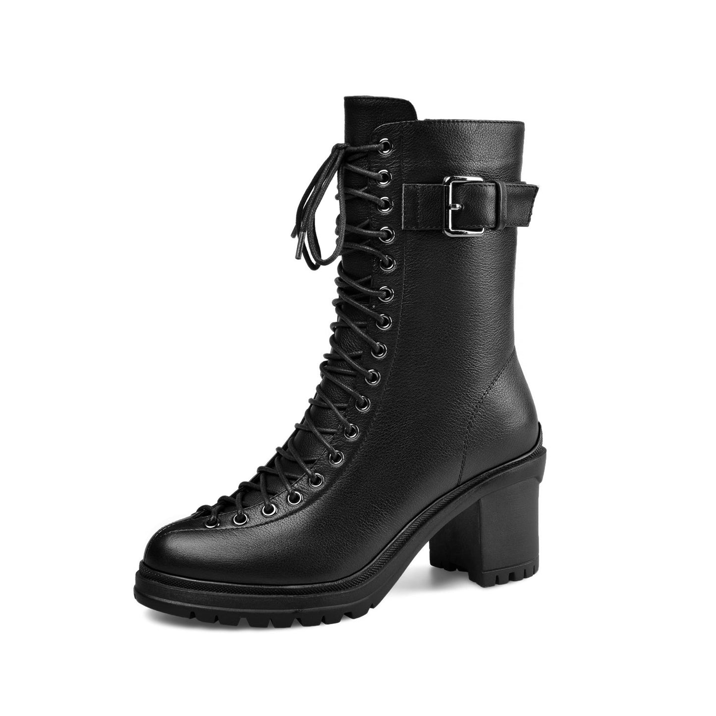 Women's Round Toe Selftie Zip Up Genuine Leather Handmade Chunky Heels Cool Mid-Calf Boots with Buckle