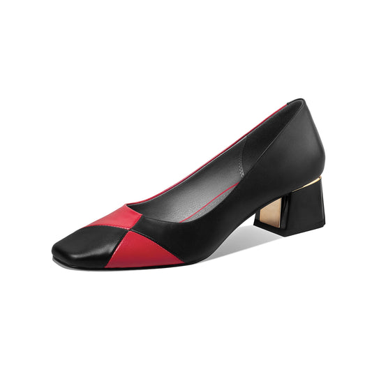Nine Seven Genuine Leather Women's Square Toe Handmade Comfortable Low Chunky Heel Slip On Assorted Color Pump Shoes
