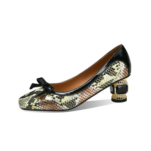 Nine Seven Handmade Women's Genuine Leather Snakeskin Assorted Color Slip On Square Toe Mid Cone Heel Pumps Shoes