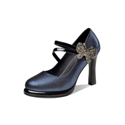 Nine Seven Women's Leather Handmade Round Toe Belts High Heel Pumps with Butterfly Décor