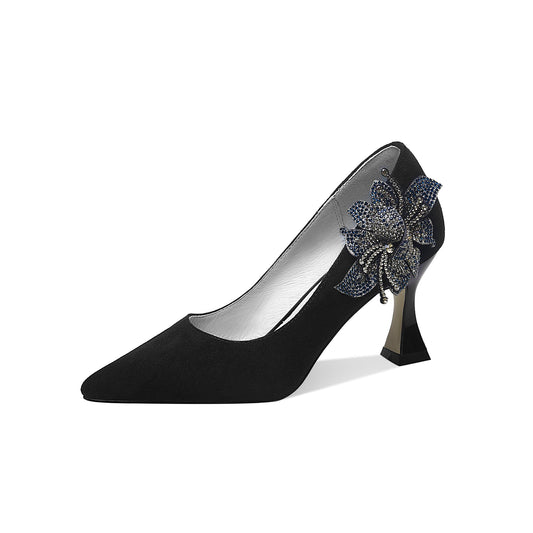 Nine Seven Women's Suede Leather Handmade Clear Pointed Toe Glitter Blue Flower Decor Slip On High Spool Heel Pump Shoes