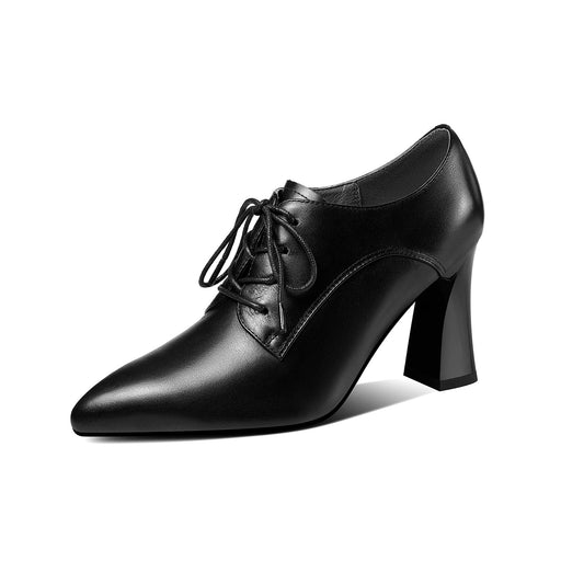 Nine Seven Women's Genuine Leather Handmade Pointed Toe High Chunky Heel Lace Up Stylish Oxford Pumps
