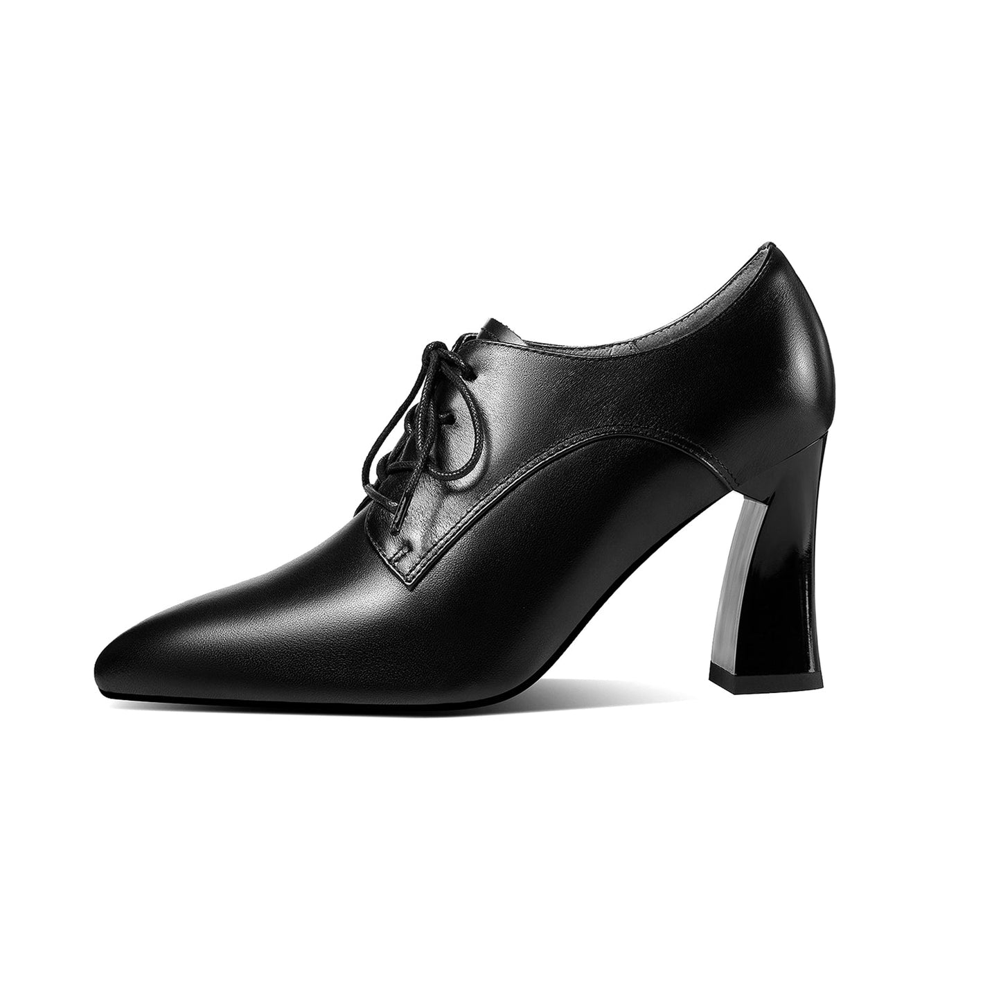 Women's Genuine Leather Handmade Pointed Toe High Chunky Heel Lace Up Stylish Oxford Pumps