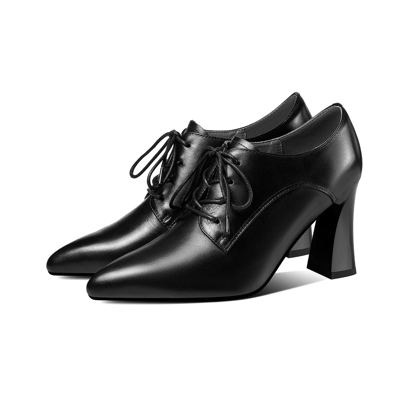 Women's Genuine Leather Handmade Pointed Toe High Chunky Heel Lace Up Stylish Oxford Pumps