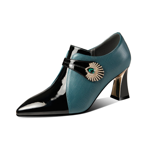 Nine Seven Women's Patent and Genuine Leather Handmade Pointed Toe Spool Heel Green Crystal Side Zip Oxford Pumps