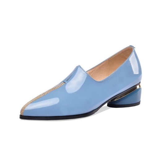 Nine Seven Women's Patent Leather Pointed Toe Handmade Stitches Low Chunky Heels Stylish Loafer Shoes