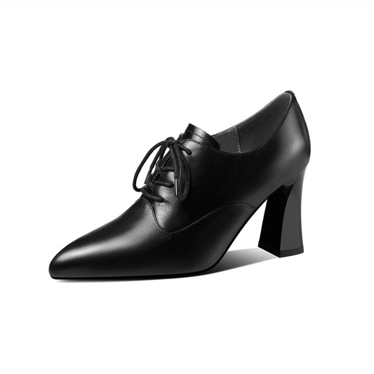 Nine Seven Women's Genuine Leather Handmade Pointed Toe High Chunky Heel Lace Up Stylish Oxford Pumps