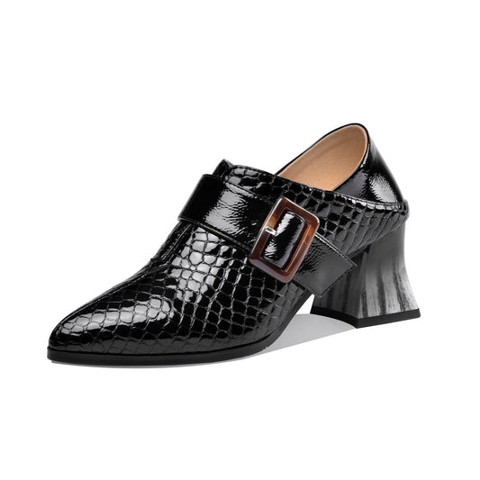 Nine Seven Women's Patent Leather Pointed Toe Handmade Side Zipper Mid Chunky Heels Stylish Pumps with Buckle